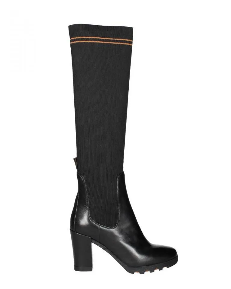 Bota Alta Piel Negro CaÑa Licra Rayas Caldera