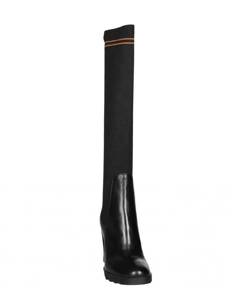 Bota Alta Piel Negro CaÑa Licra Rayas Caldera