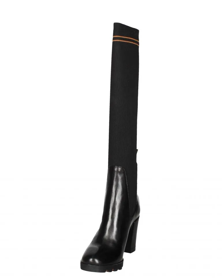 Bota Alta Piel Negro CaÑa Licra Rayas Caldera