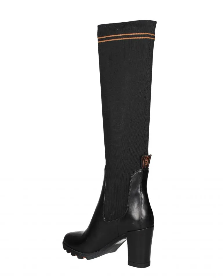 Bota Alta Piel Negro CaÑa Licra Rayas Caldera