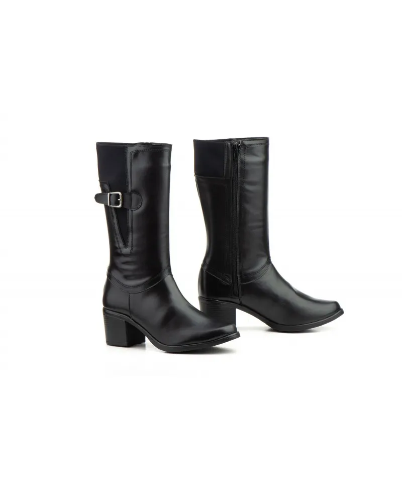 Botas Caña Media Mujer Piel Negra Elásticos