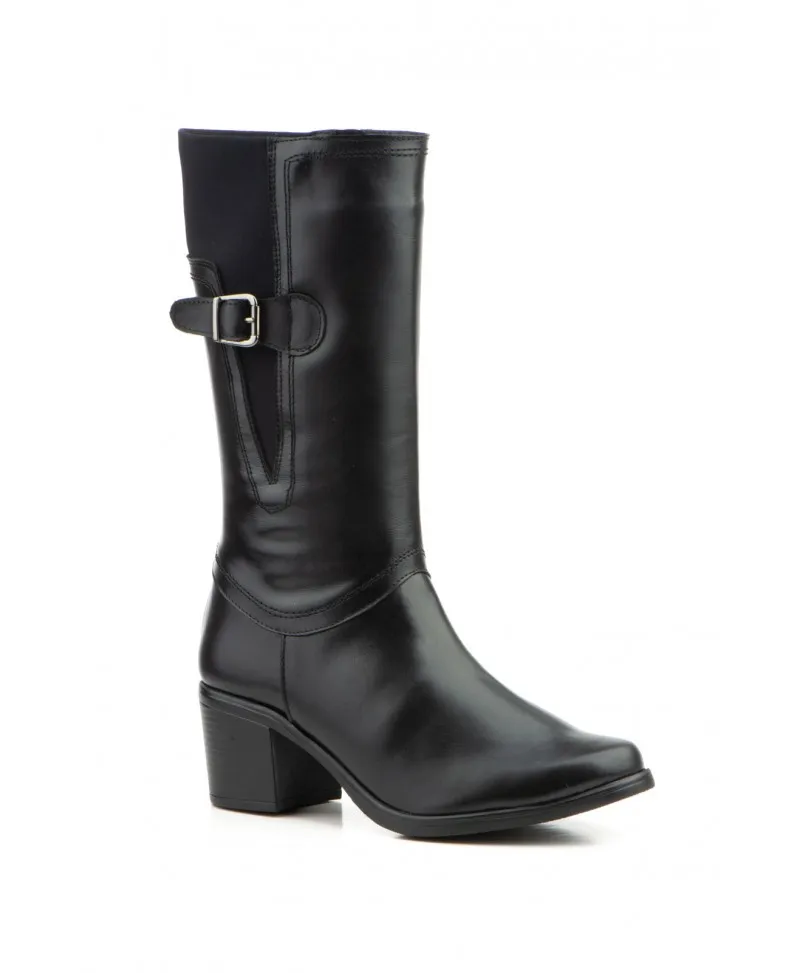 Botas Caña Media Mujer Piel Negra Elásticos