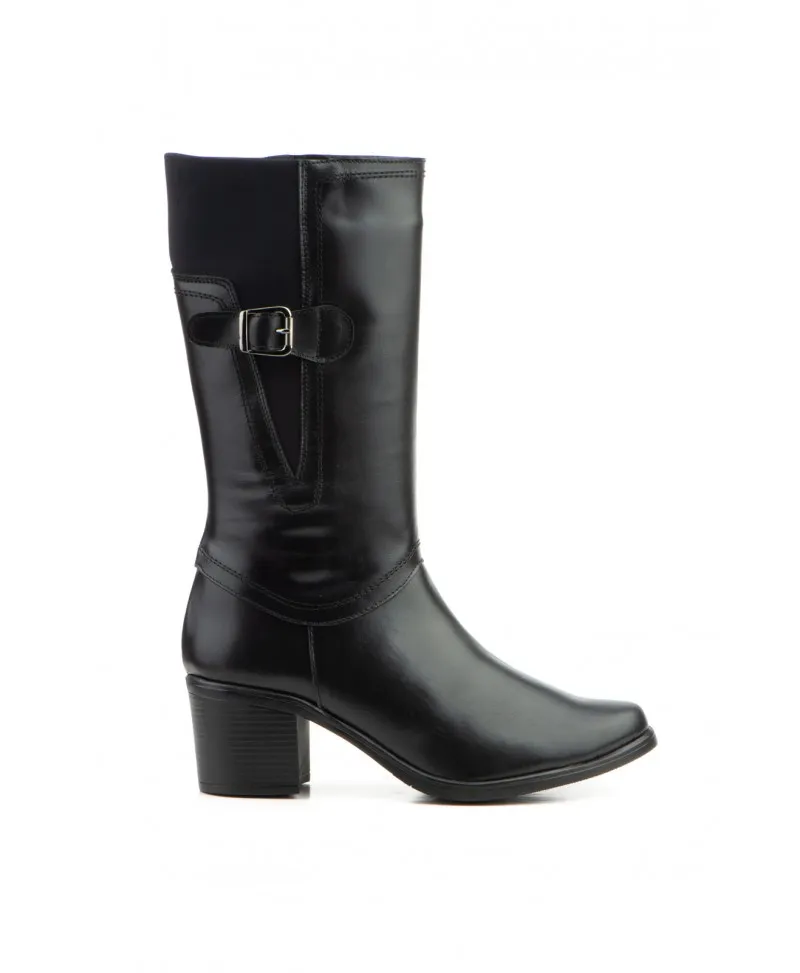 Botas Caña Media Mujer Piel Negra Elásticos