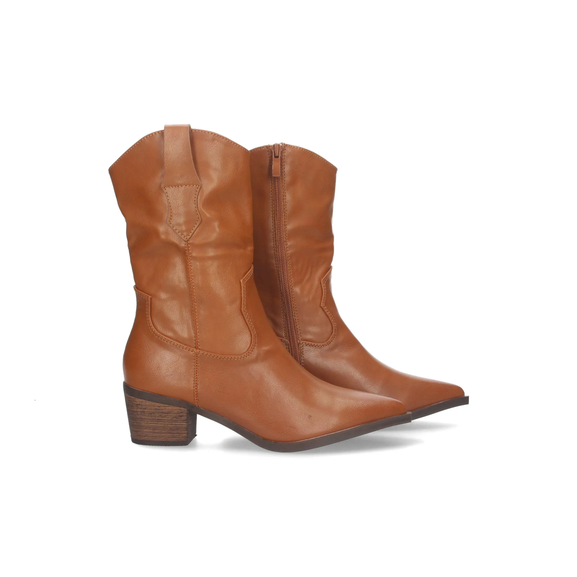 Botas de tacón medio caña alta para mujer punta fina color camel