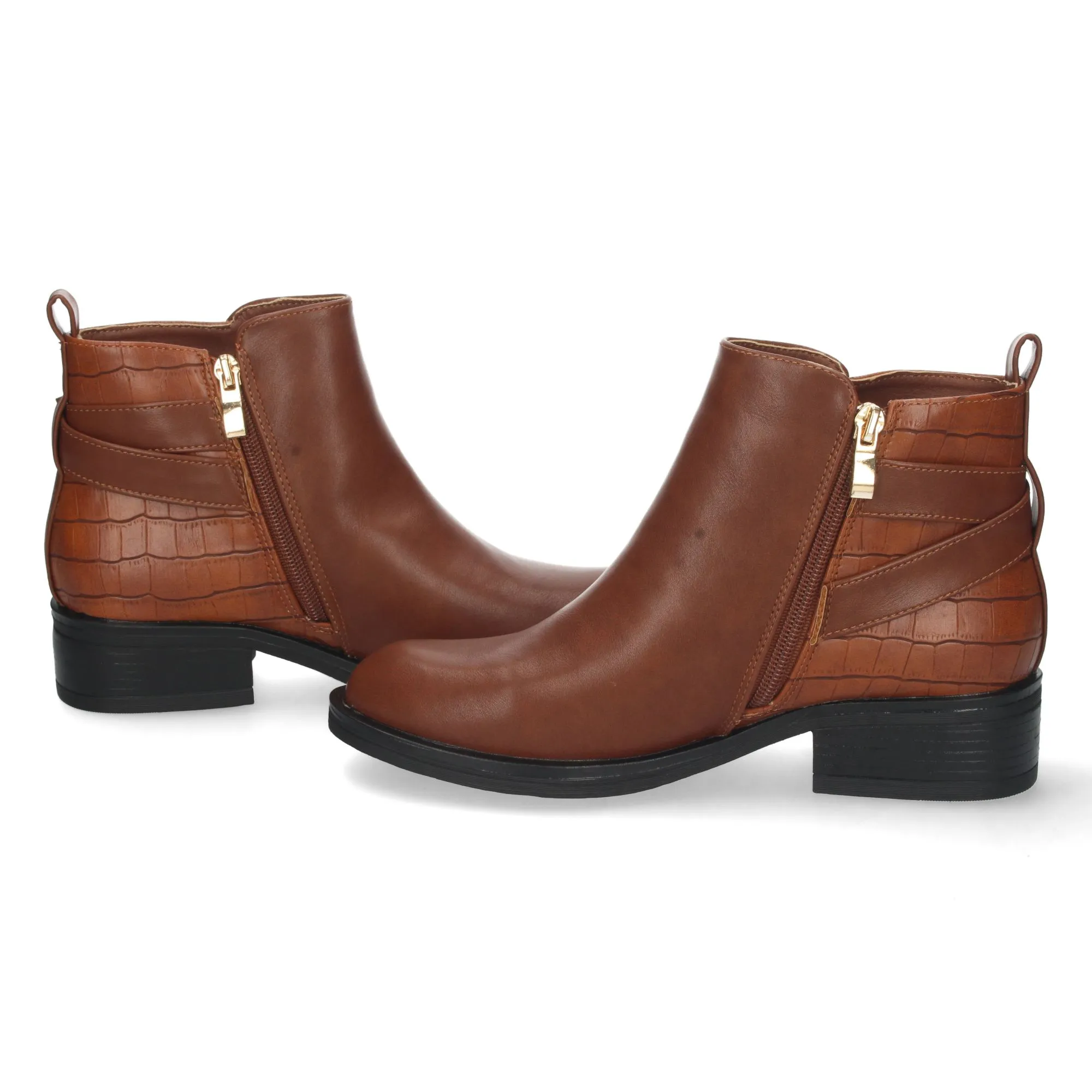 Botines bajos con cremallera mujer estampado color camel
