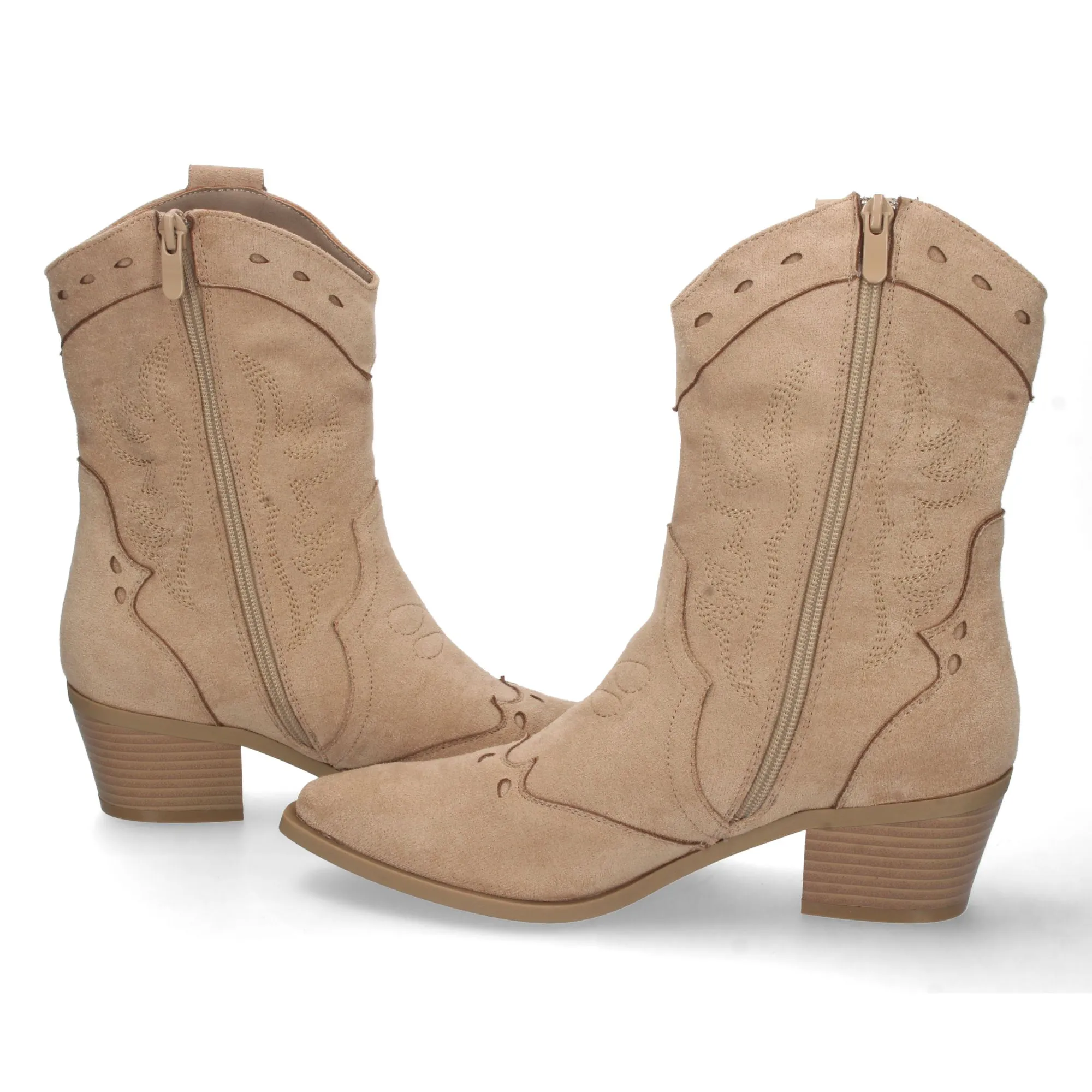 Botines cowboy Kaki de tacon mujer con bordado y cremallera