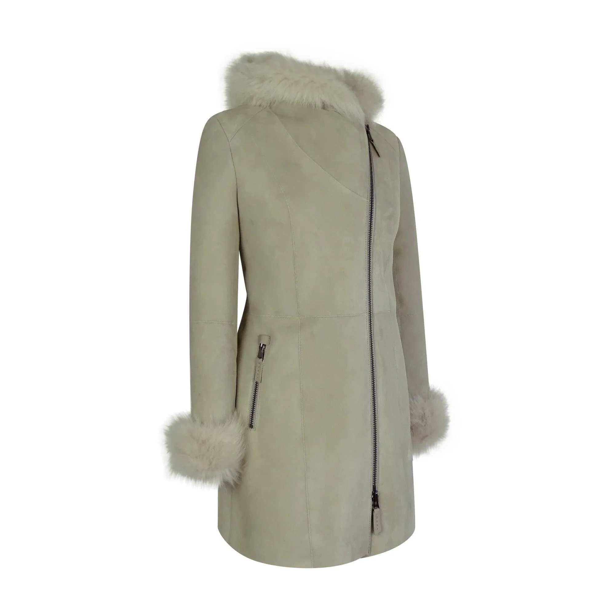 Chaqueta con capucha de gamuza de cuero de oveja Real Toscana Crema 3/4 para mujer