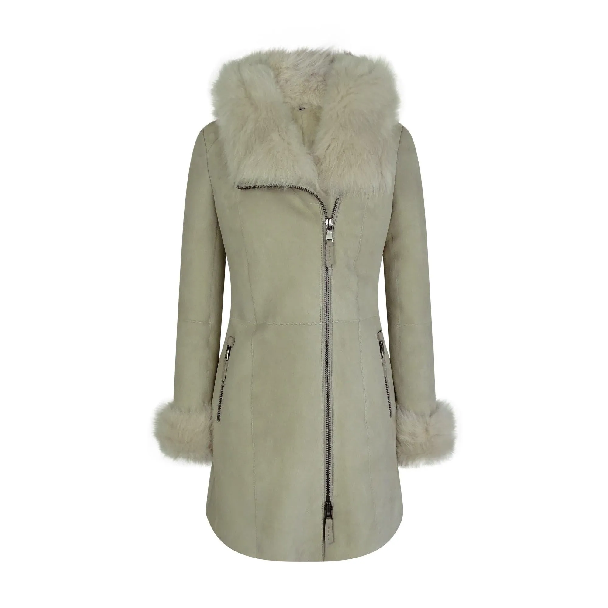 Chaqueta con capucha de gamuza de cuero de oveja Real Toscana Crema 3/4 para mujer