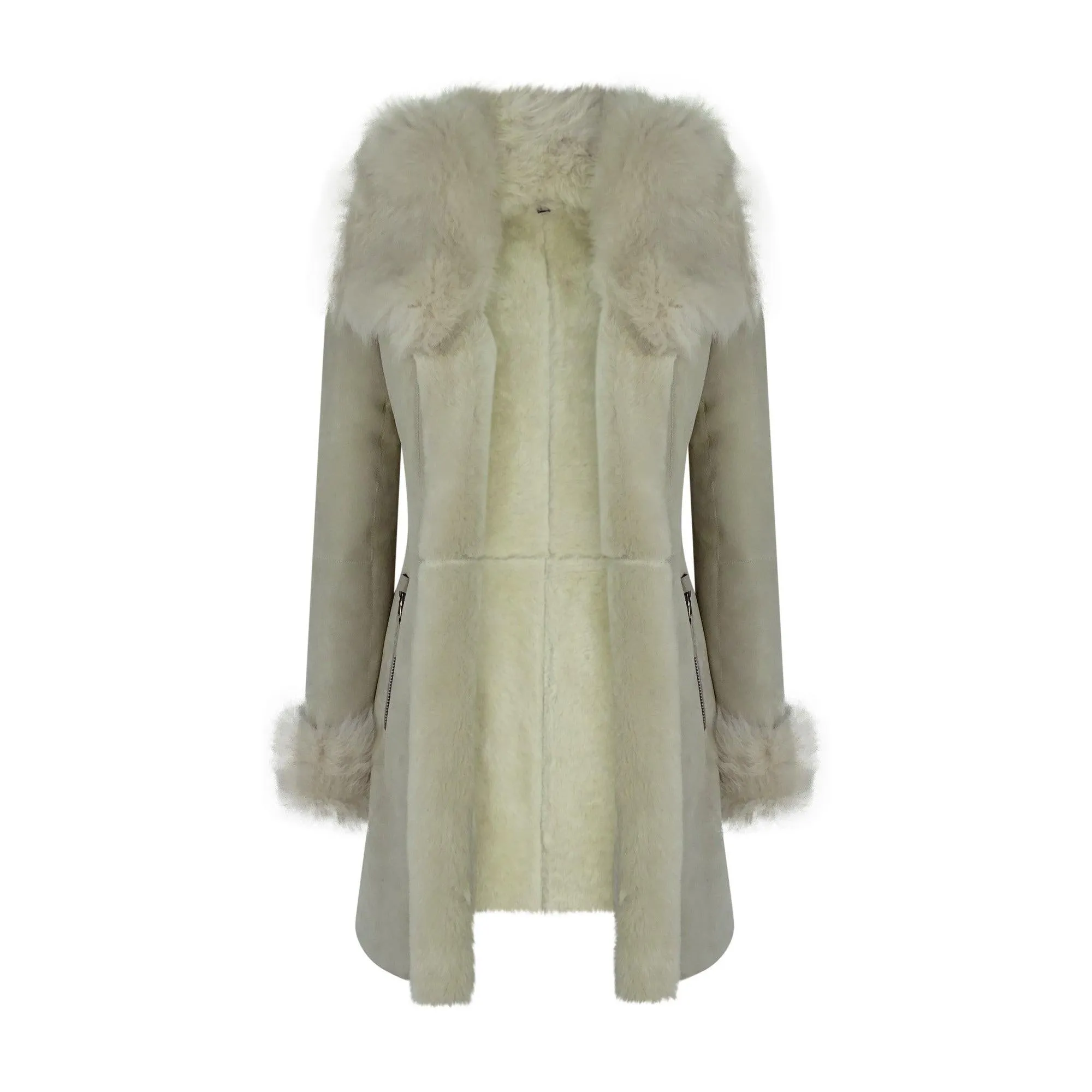 Chaqueta con capucha de gamuza de cuero de oveja Real Toscana Crema 3/4 para mujer