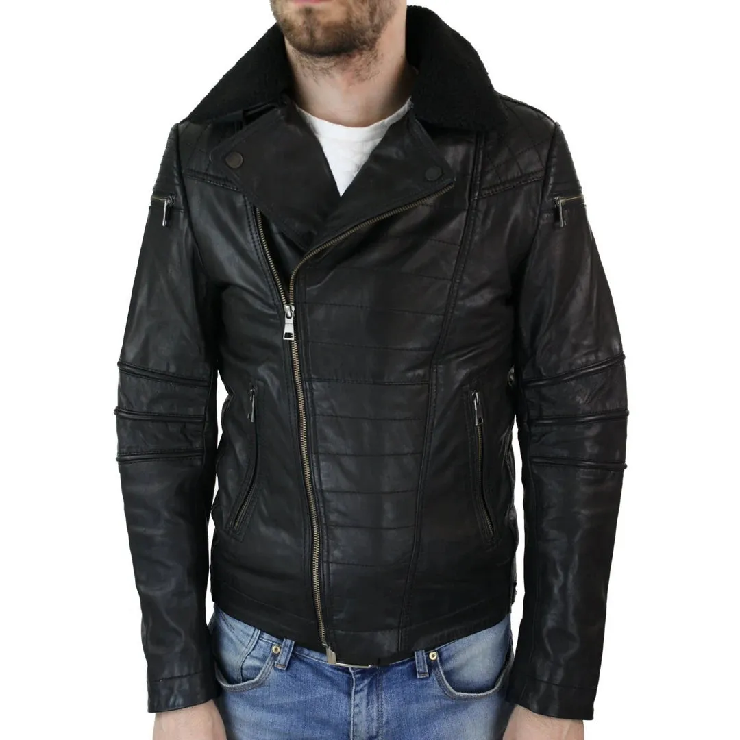 Chaqueta de motociclista con cremallera cruzada para hombre, cuero, Air Force 1