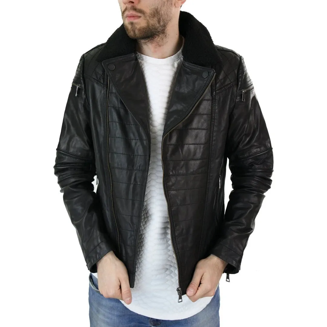 Chaqueta de motociclista con cremallera cruzada para hombre, cuero, Air Force 1