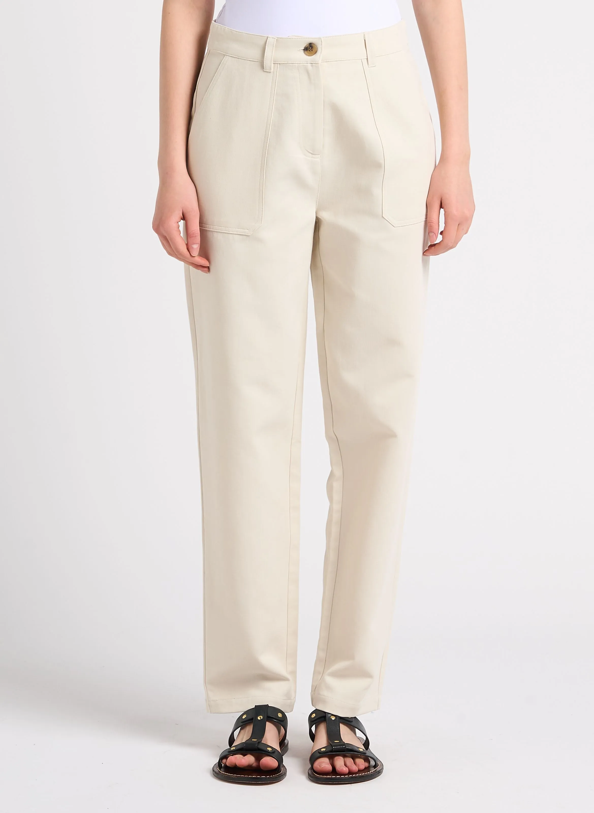 EKYOG RYLESA  PANTALóN RECTO DE TALLE ALTO EN MEZCLA DE ALGODóN ORGáNICO EN BEIGE