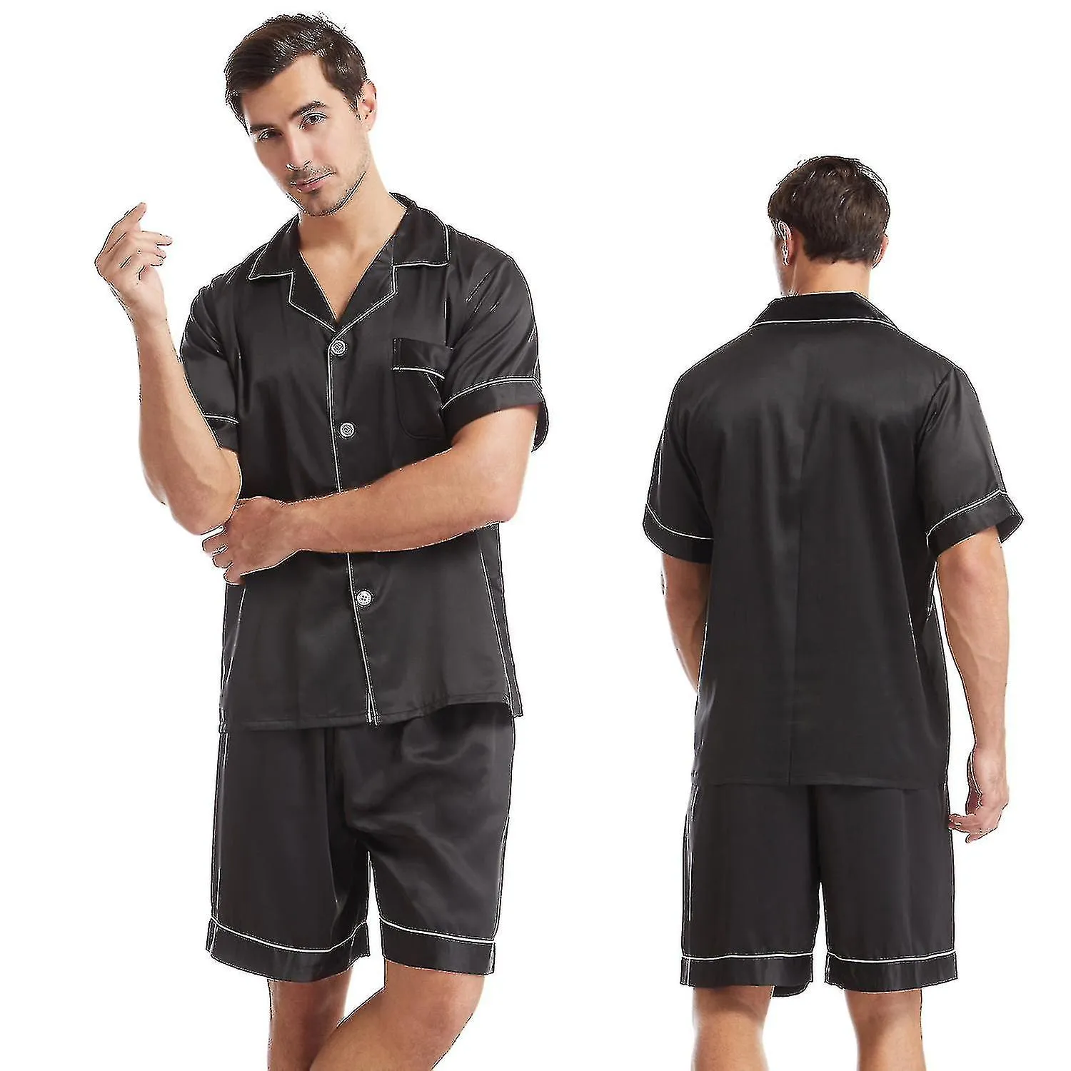 Hombre Satén Seda Ropa de dormir Suave Pijama Set_y