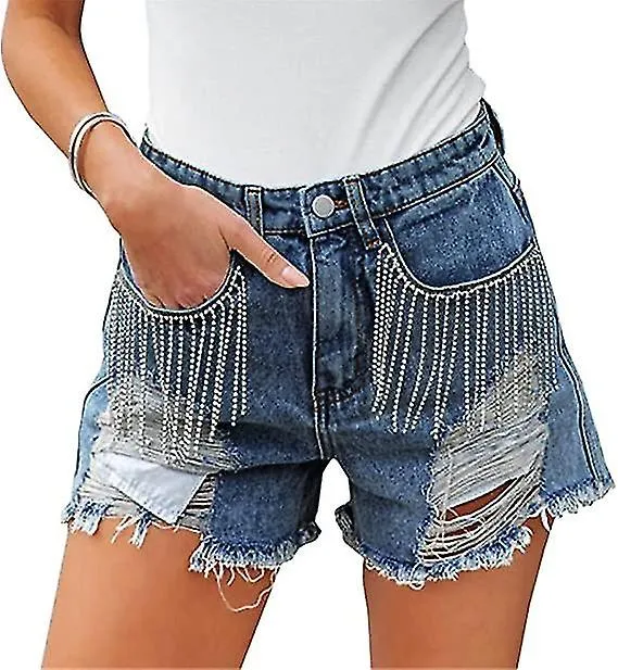 Pantalones cortos de mezclilla de diamantes de mujer Verano Pantalones cortos de cintura alta rasgados con flecos de pedrería