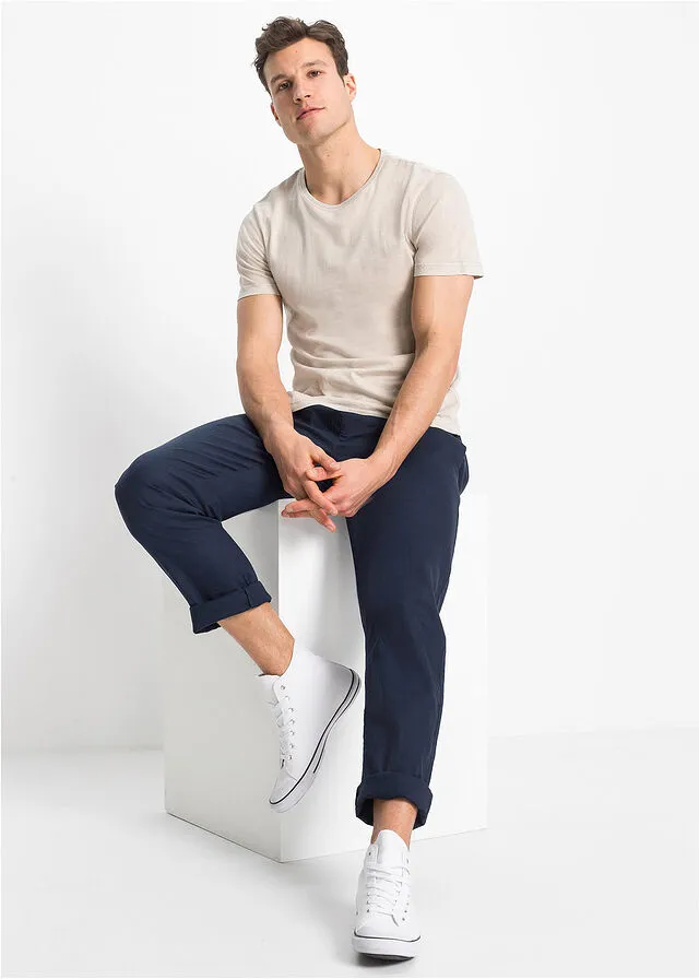 Pantalón chino sin cierre con corte regular y recto de lino Azul marino
