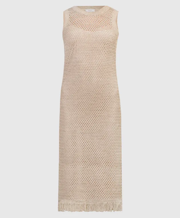 Peserico Beige openwork linen dress with fringe