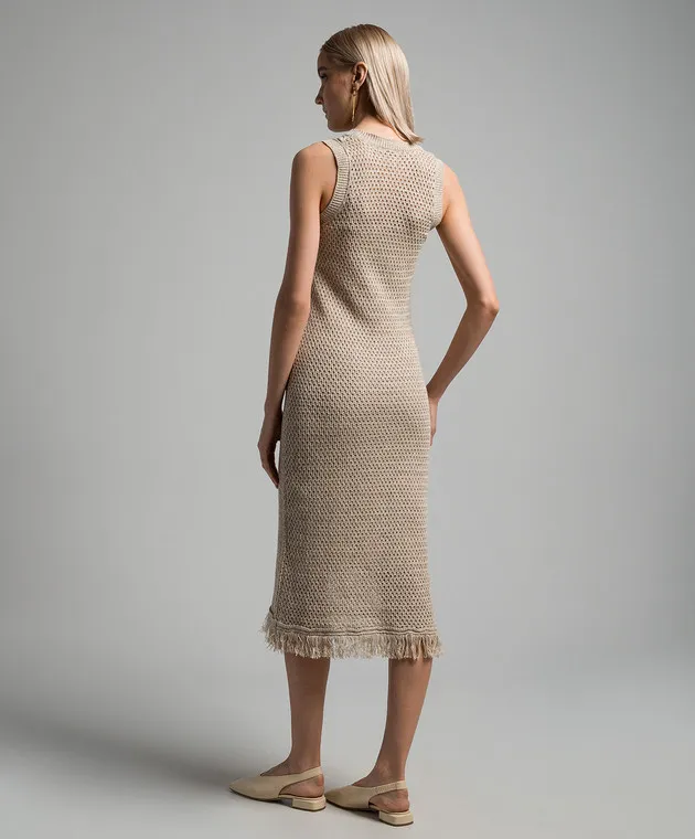 Peserico Beige openwork linen dress with fringe