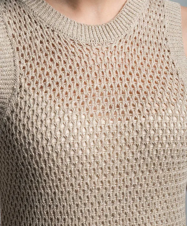 Peserico Beige openwork linen dress with fringe
