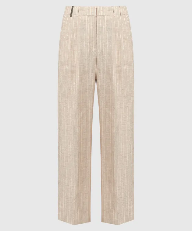 Peserico Beige striped linen pants with sequins