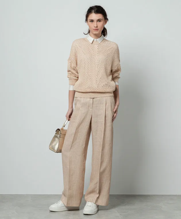 Peserico Beige striped linen pants with sequins