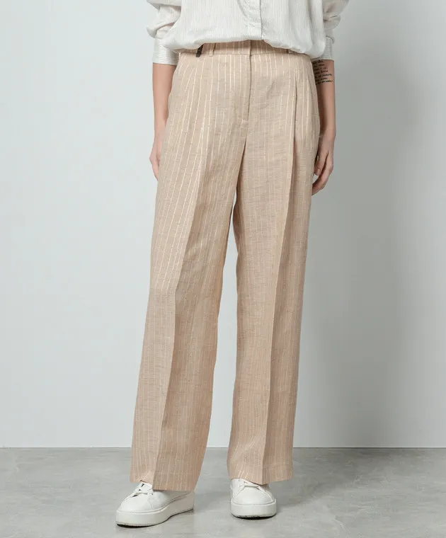 Peserico Beige striped linen pants with sequins