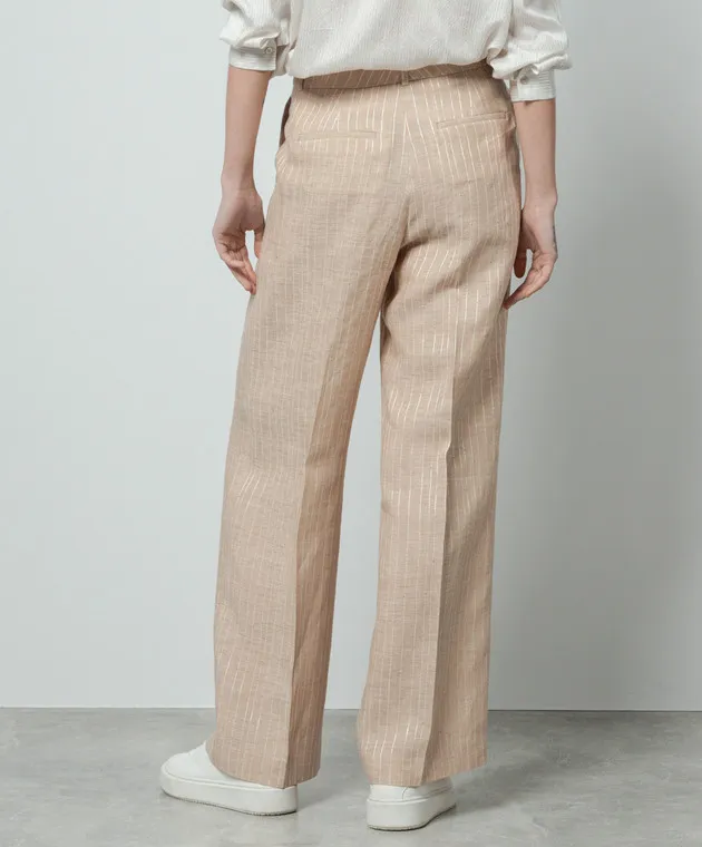 Peserico Beige striped linen pants with sequins