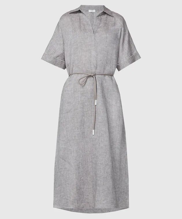 Peserico Brown linen dress with monil chain
