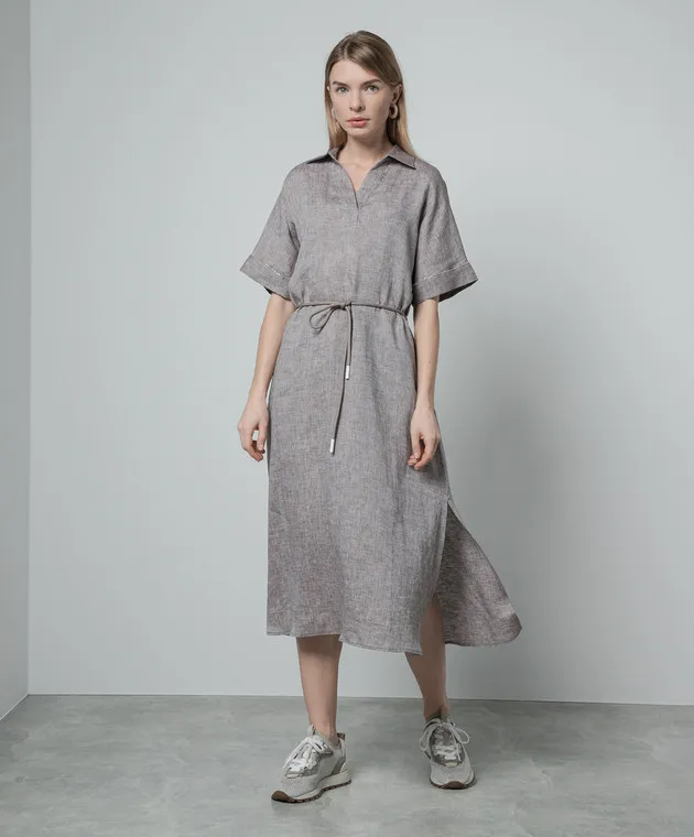 Peserico Brown linen dress with monil chain