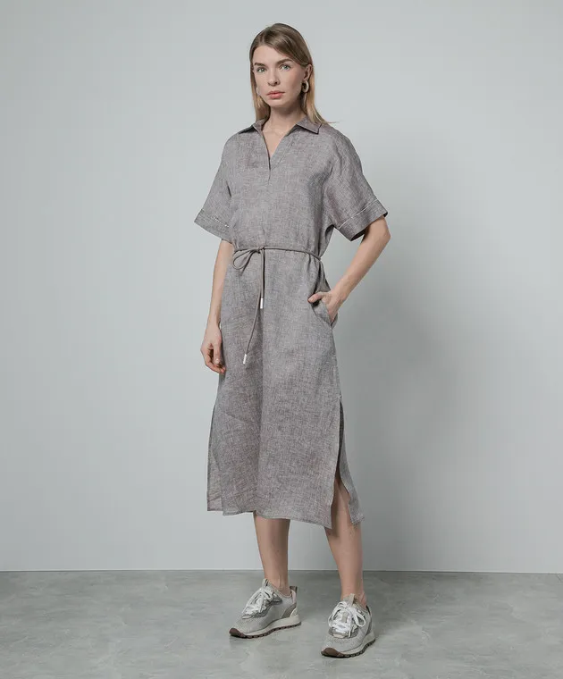 Peserico Brown linen dress with monil chain