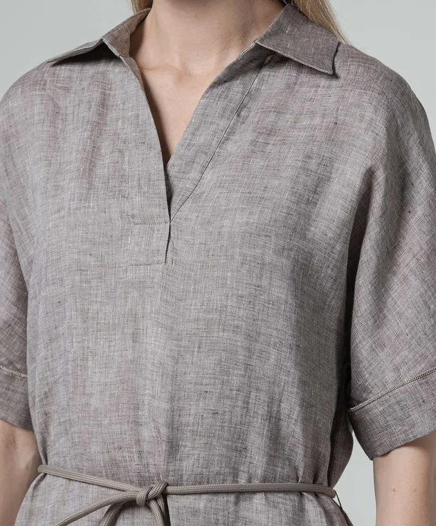 Peserico Brown linen dress with monil chain