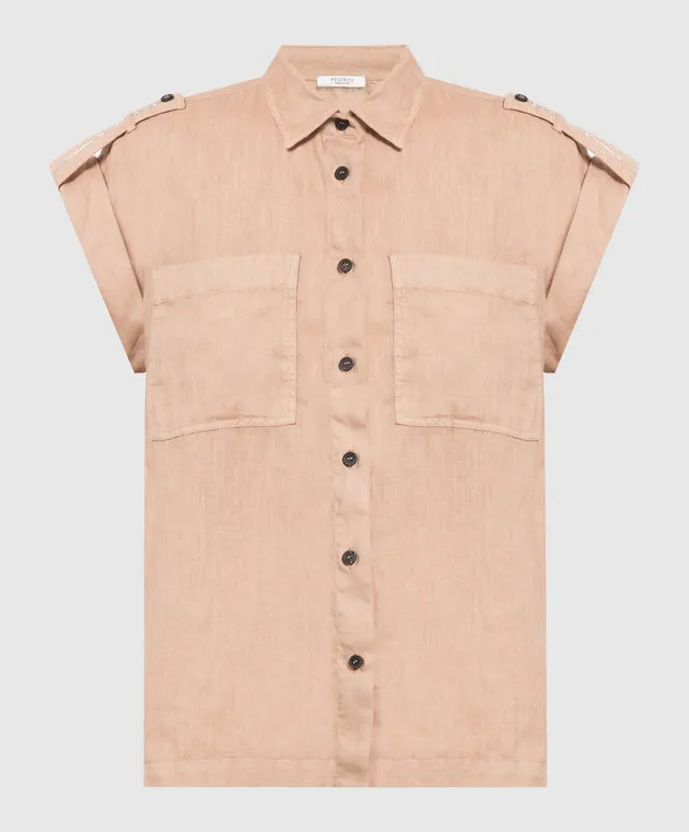 Peserico Brown linen shirt with monil chain
