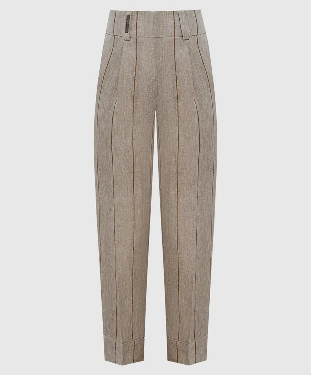 Peserico Brown striped linen pants with monil chain
