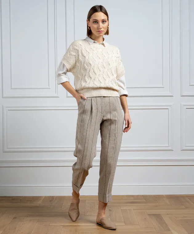 Peserico Brown striped linen pants with monil chain