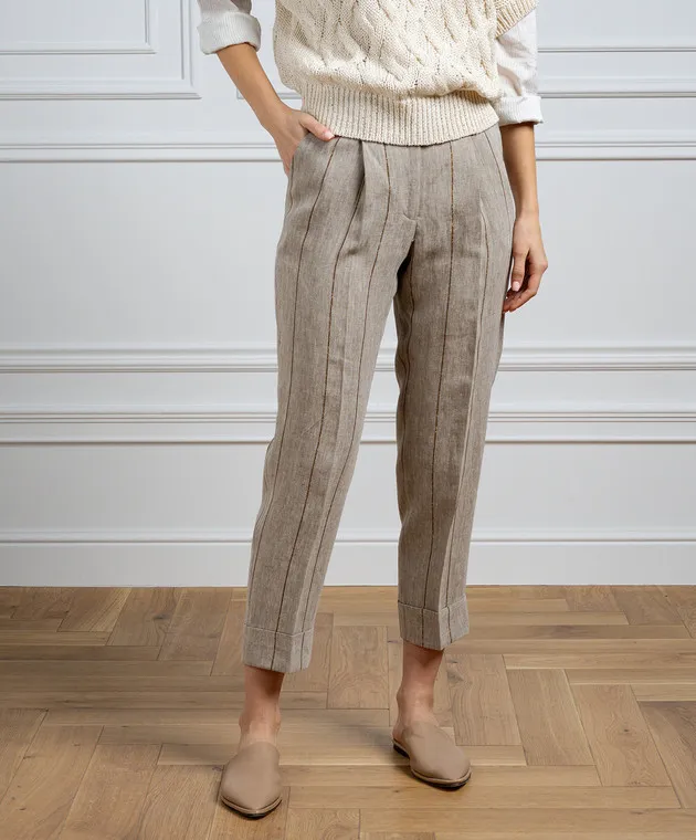 Peserico Brown striped linen pants with monil chain