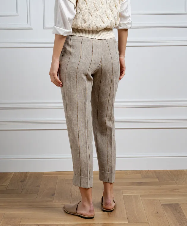 Peserico Brown striped linen pants with monil chain