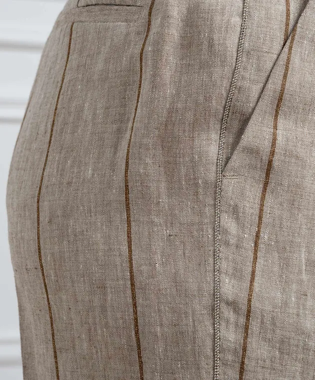 Peserico Brown striped linen pants with monil chain