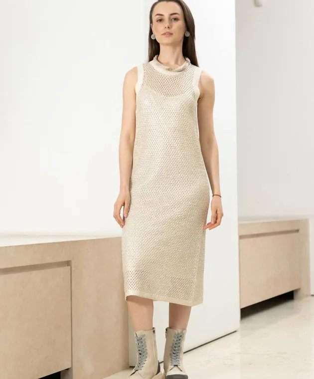 Peserico Golden openwork dress with linen