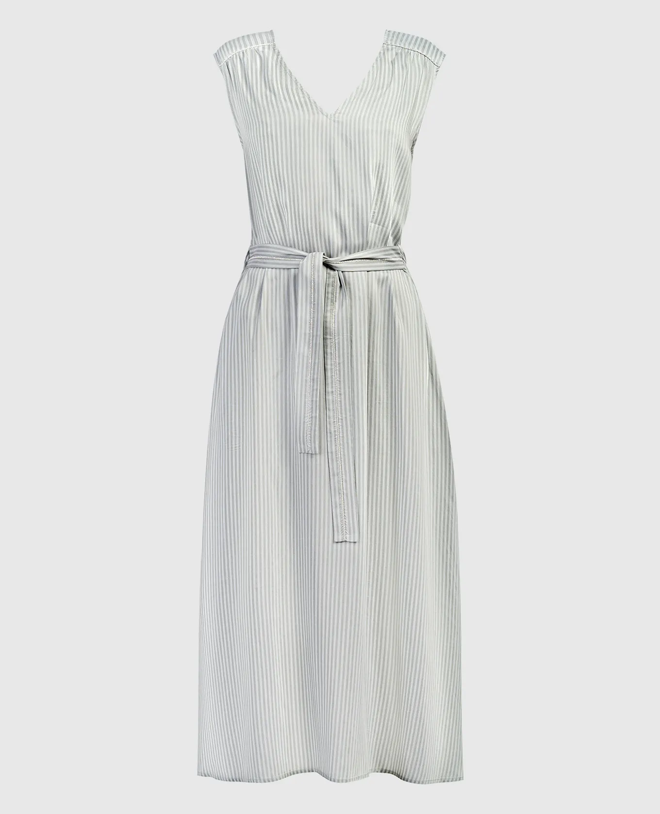 Peserico Green linen striped dress with monil chain