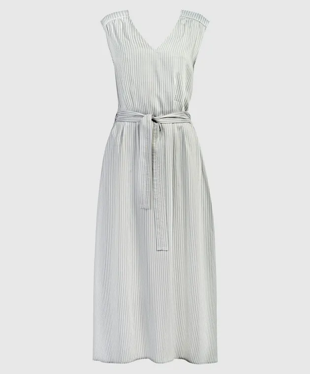 Peserico Green linen striped dress with monil chain