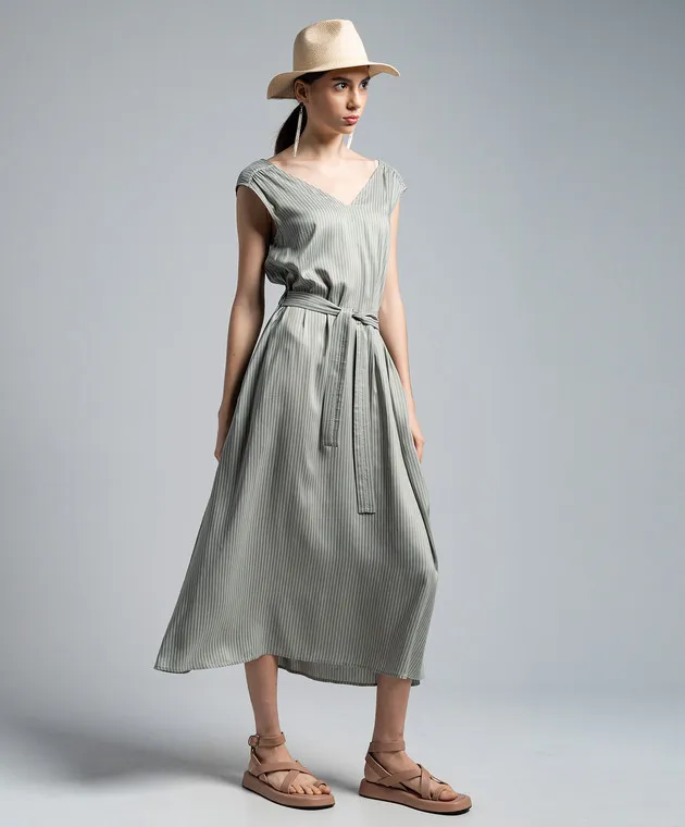 Peserico Green linen striped dress with monil chain