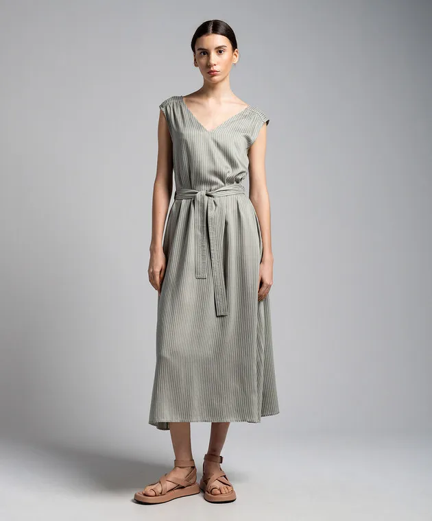 Peserico Green linen striped dress with monil chain