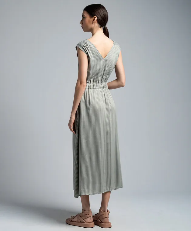 Peserico Green linen striped dress with monil chain