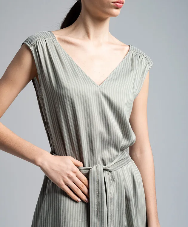 Peserico Green linen striped dress with monil chain
