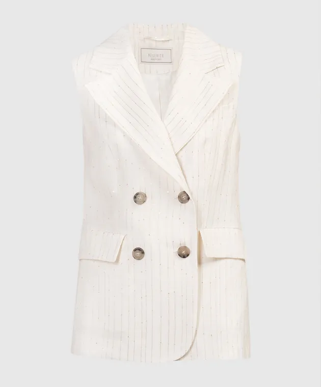 PESERICO WHITE DOUBLEBREASTED VEST MADE OF LINEN WITH SEQUINS