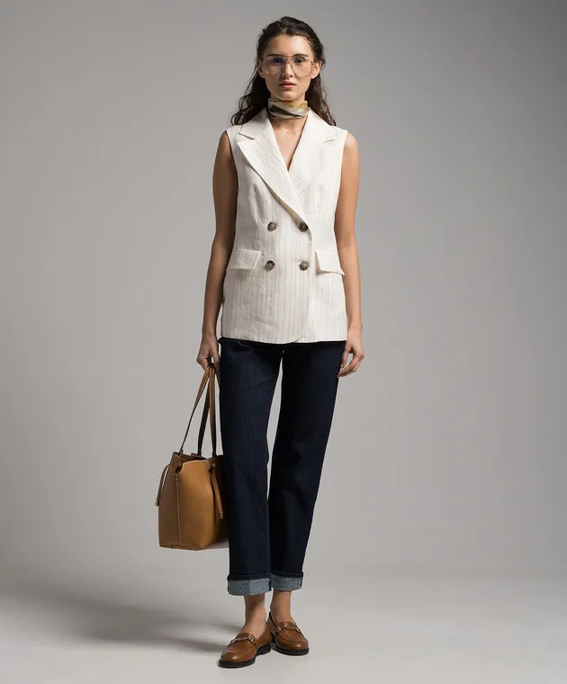PESERICO WHITE DOUBLEBREASTED VEST MADE OF LINEN WITH SEQUINS
