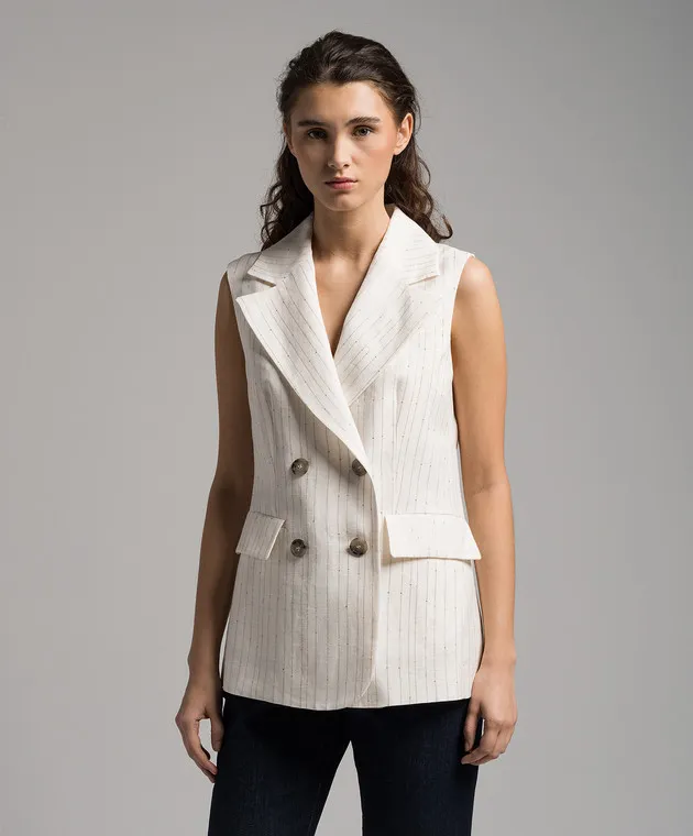 PESERICO WHITE DOUBLEBREASTED VEST MADE OF LINEN WITH SEQUINS