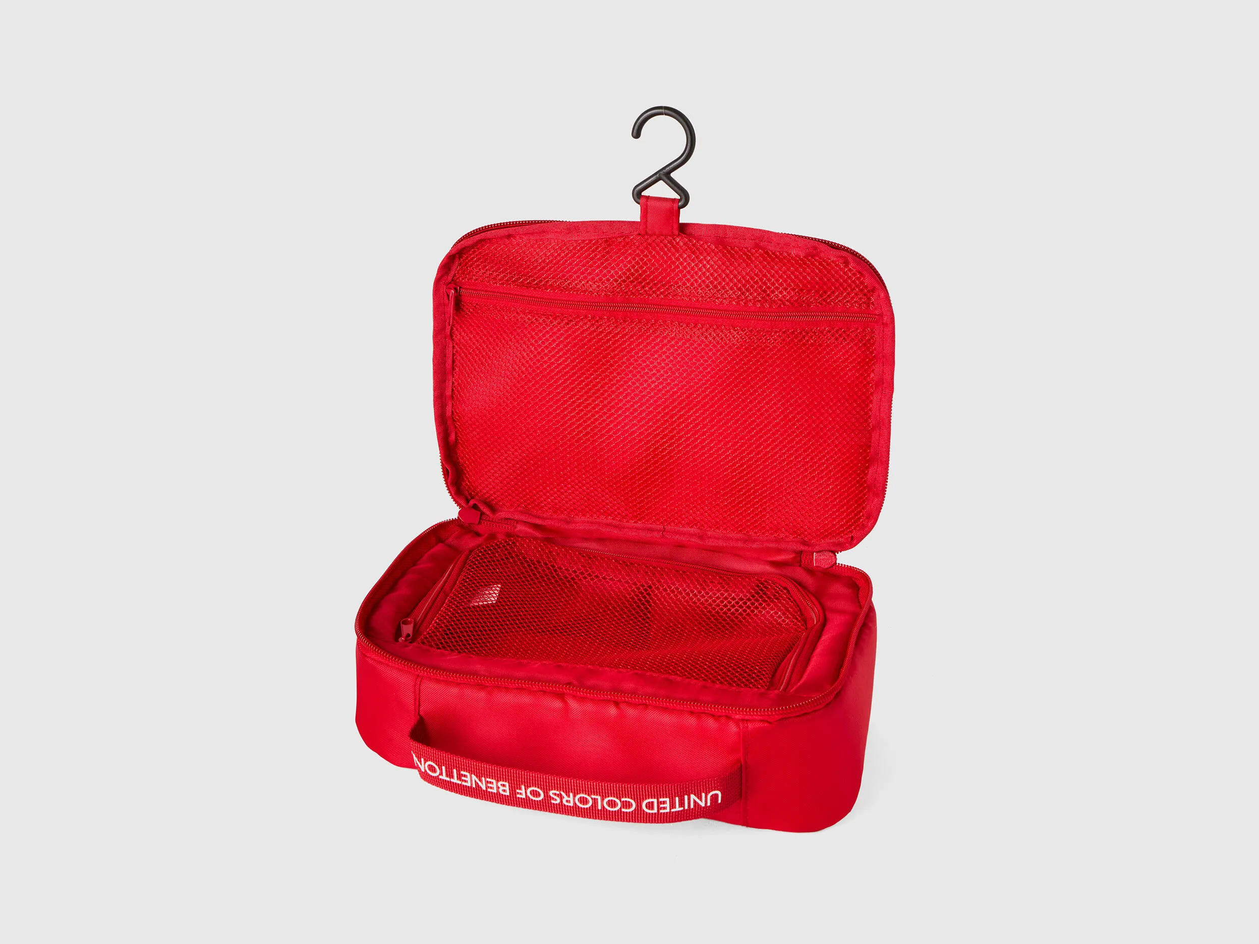Red travel toiletry bag with hook