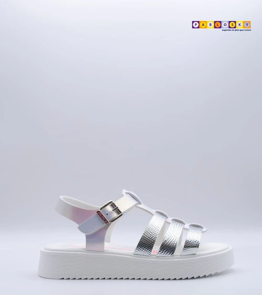 SANDALIA PLATAFORMA PABLOSKY HEBILLA TIRAS BLANCA Y PLATA