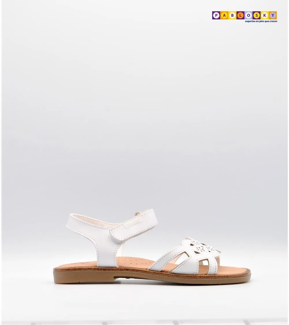 SANDALIAS NIÑA PABLOSKY VELCRO BLANCA FLOR BRILLO PLATA