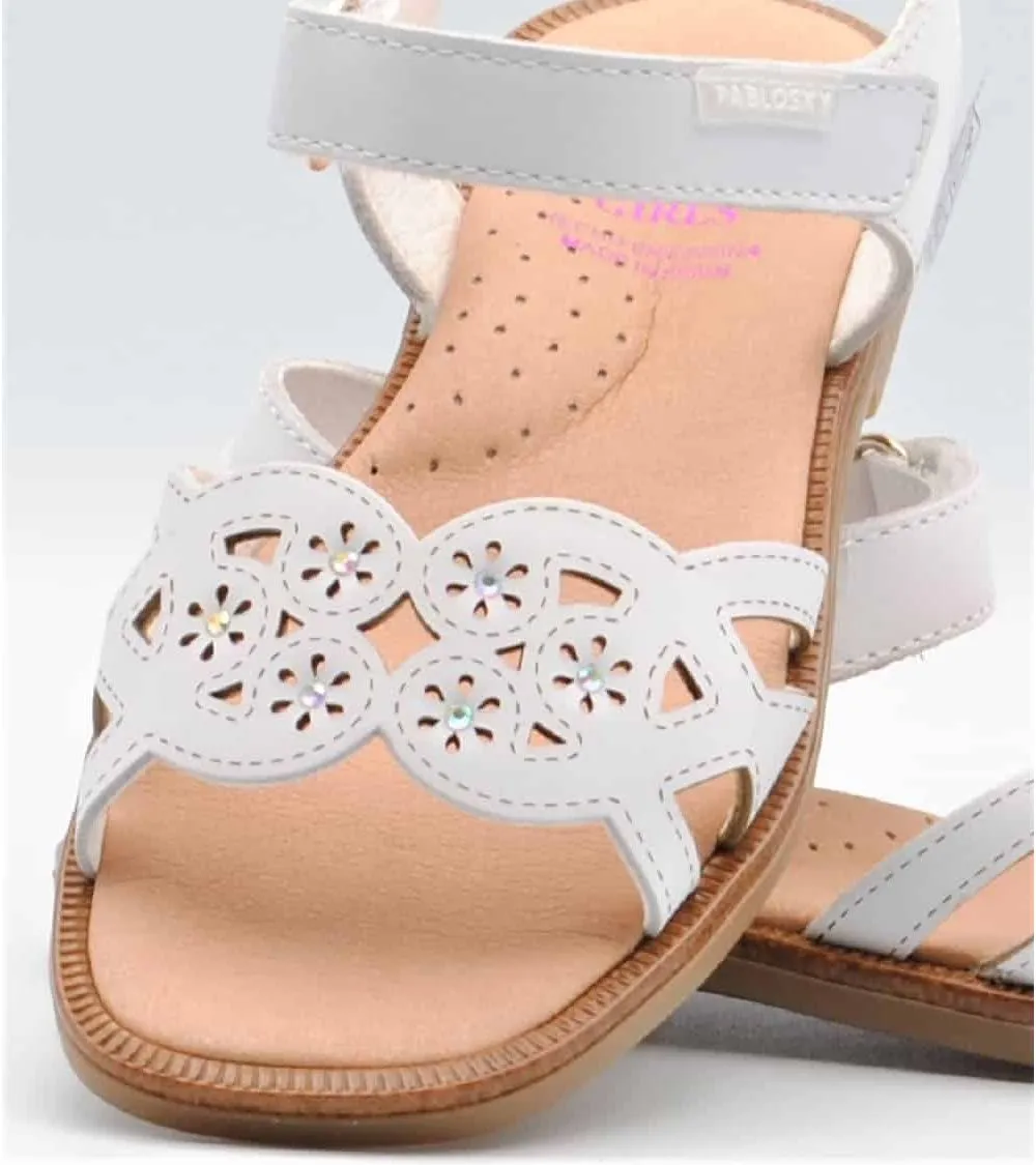 SANDALIAS NIÑA PABLOSKY VELCRO BLANCA FLOR BRILLO PLATA